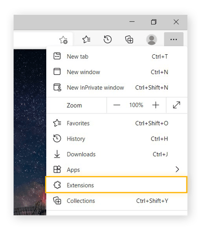Edge browser menu expanded and highlighting "extensions"