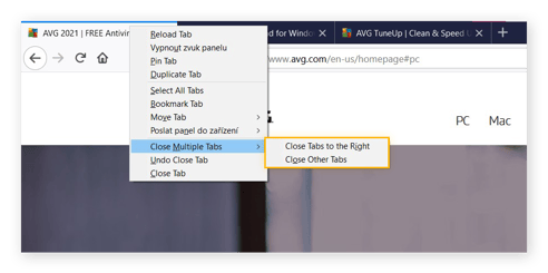 Firefox procházet pomocí karty "pravým tlačítkem myši" zobrazující možnosti karty. Zavřete karty vpravo a zavřete další karty jsou zvýrazněny.
