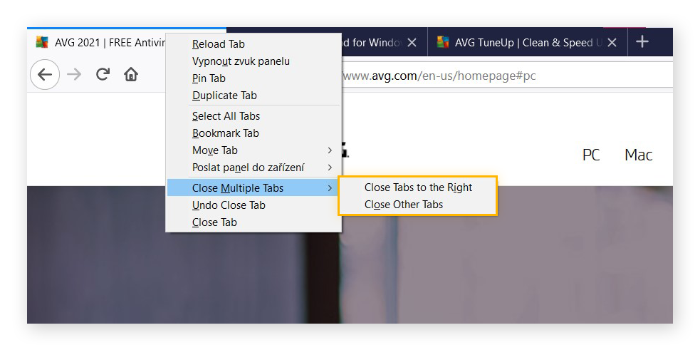 Browser Firefox con una scheda su cui è stato fatto clic con il pulsante destro del mouse che visualizza le opzioni per le schede. Sono evidenziate le opzioni Chiudi le schede a destra e Chiudi le altre schede.