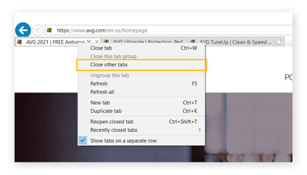  Un onglet Web sur Internet Explorer fait un clic droit et affiche les options, en surbrillance "Fermer les autres onglets"