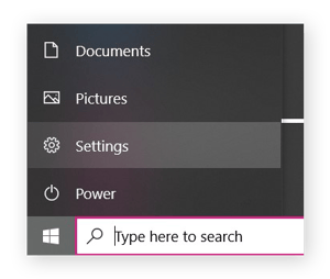 A Windows START menu, highlighting SETTINGS