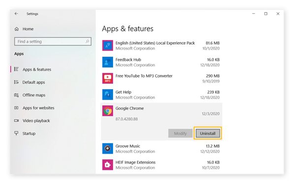  A Windows operációs rendszer Alkalmazások Menü, kiemelve a" Uninstall " gombot az App: Google Chrome