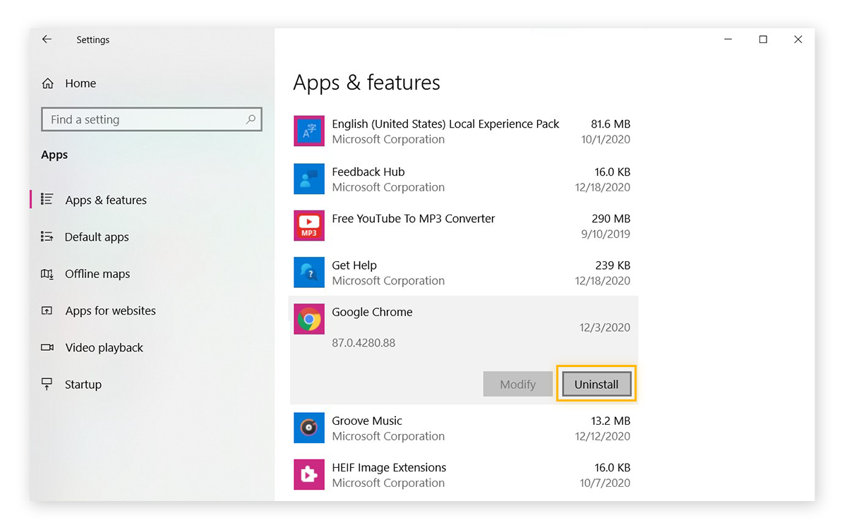 Um menu Apps do sistema operacional Windows, destacando o botão “Desinstalar” em Apps: Google Chrome