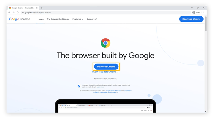  a Google Chrome weboldala, kiemelve a "Chrome letöltése" gombot