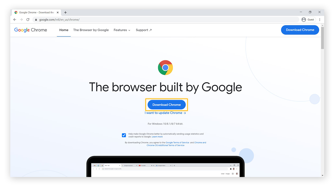 De Google Chrome-webpagina, met de knop “Download Chrome”