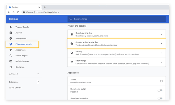  Menú de configuración de Google Chrome, en las opciones de privacidad y seguridad. Con Cookies y otros datos del sitio resaltados.