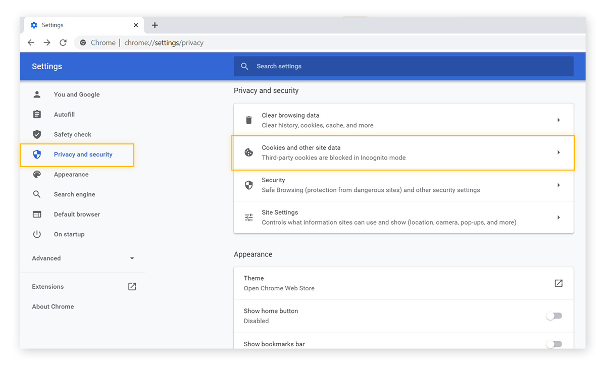 Instellingenmenu in Google Chrome met de opties voor privacy en beveiliging. Met Cookies en andere sitegegevens gemarkeerd.