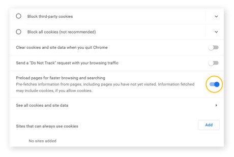 Options de cookies de Google Chrome. Mise en évidence des pages de préchargement pour une navigation et une recherche plus rapides. Basculé vers la droite.