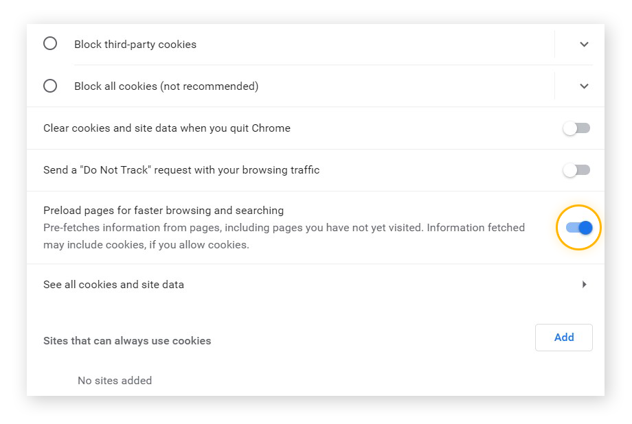 Google Chrome Cookies options. Highlighting Preload pages for faster browsing and searching. Toggled to the right.