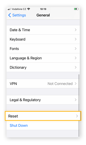 Accessing the Reset options in the Settings app for iOS