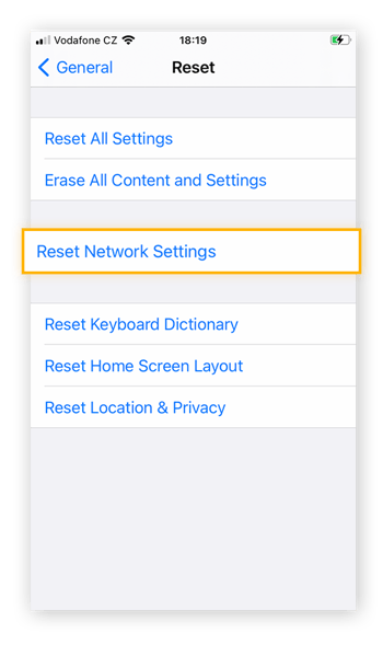Resetting network settings in iOS