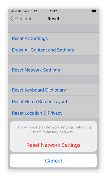 Confirming a network settings reset in iOS