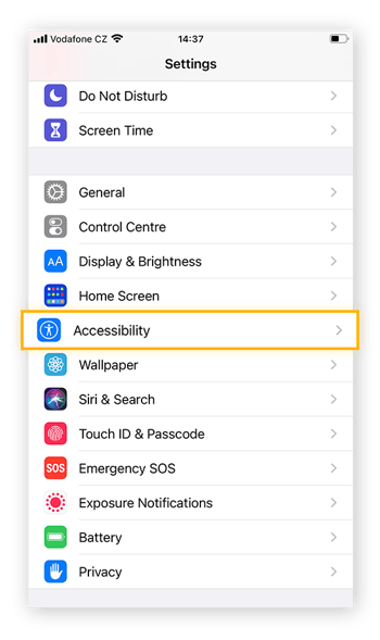Navigate to the Accessibility tab with the Settings app of an iPhone to adjust motion settings.