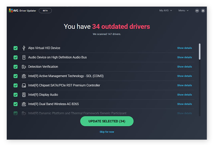 The results of a driver scan with AVG Driver Updater for Windows 10
