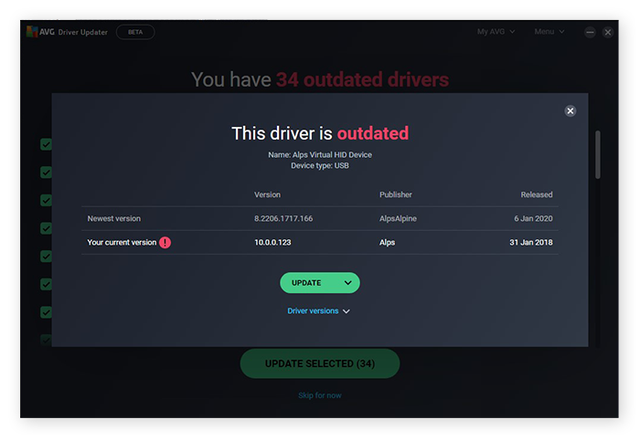 Een specifiek stuurprogramma bekijken na een scanbewerking met AVG Driver Updater voor Windows 10