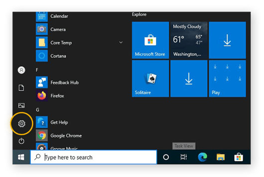 Opening the Windows 10 Settings from the Start menu