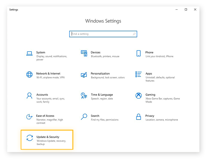De instellingen onder Bijwerken en beveiliging openen via het menu Instellingen in Windows 10
