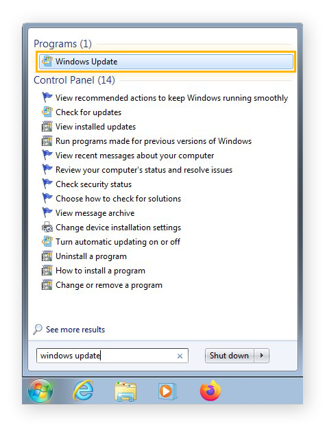 Ricerca del servizio Windows Update nel menu Start per Windows 7