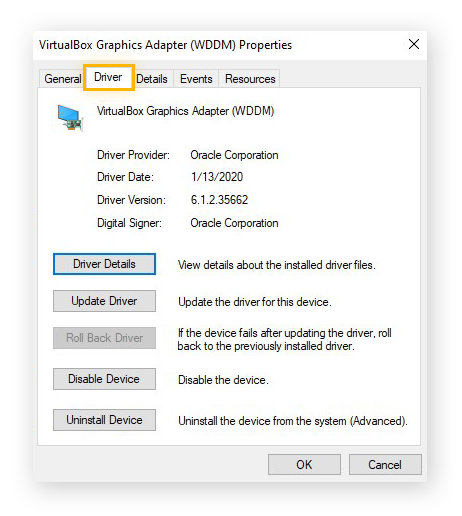 The Driver tab in the properties for a graphics adapter in Device Manager