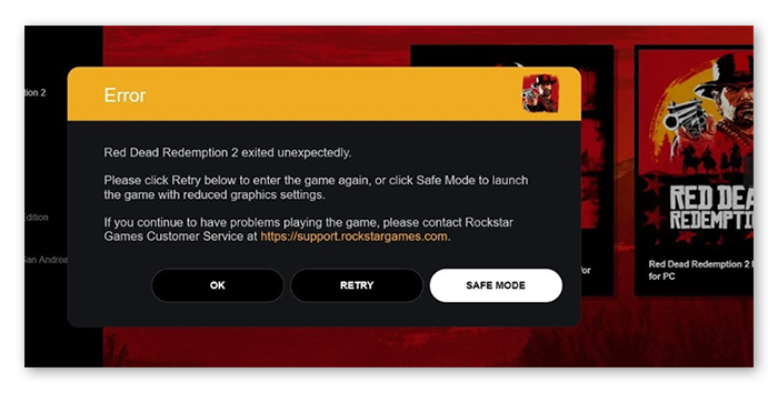 Uma mensagem de erro no Red Dead Redemption 2 para Windows 10