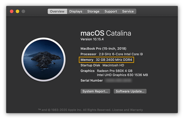 Anzeigen der Gerätedaten unter macOS Catalina auf der Registerkarte „Übersicht“ im Menü „Über diesen Mac“