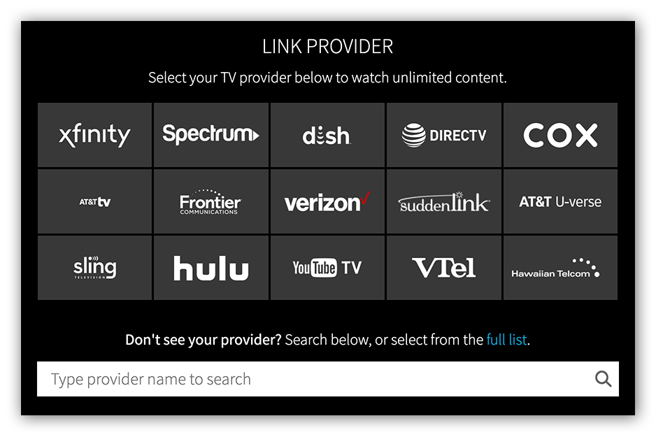 Aanmeldingsprompt van een on-demand streamingdienst voor afgeschermde content die alleen toegankelijk is met een betaald kabel-tv-abonnement.