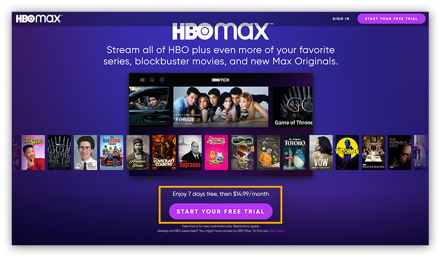 HBOMax biedt een streamingdienst met een gratis proefperiode van 7 dagen aan. Daarna bedragen de kosten 14,99 dollar per maand.
