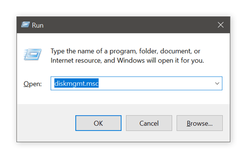 Using the Run dialog box and diskmgmt to prepare to reformat a drive