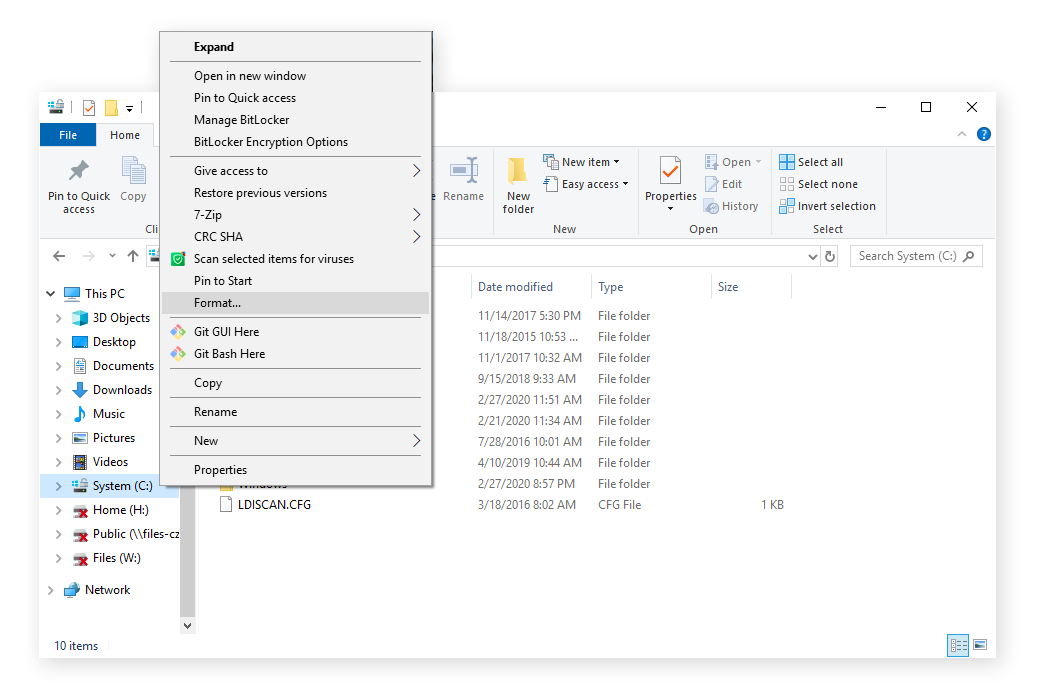 Formatting a drive quickly from the Windows Explorer screen to use a different file system.