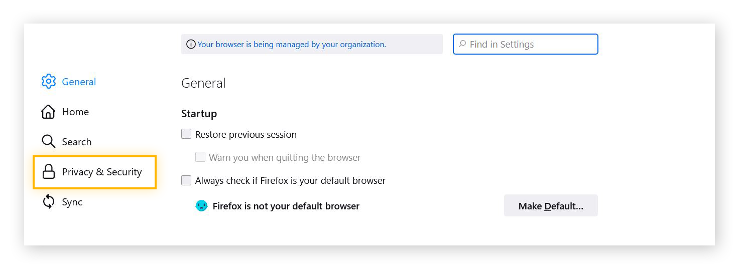 Schermafbeelding van het menu Instellingen in Firefox met de optie Privacy & Beveiliging geselecteerd