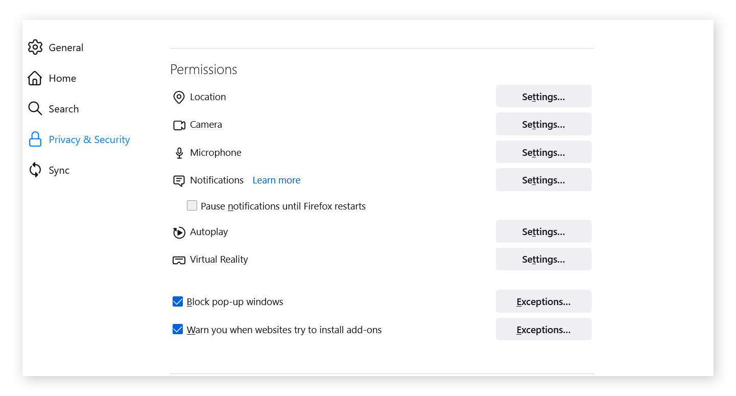 Capture d’écran de la section Permissions dans Vie privée et sécurité du menu Firefox
