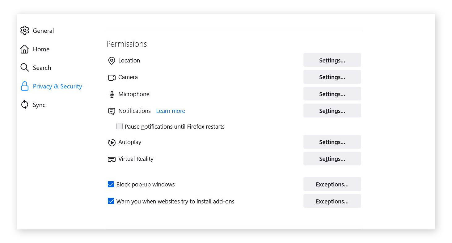 Capture d’écran de la section Permissions dans le volet Vie privée et sécurité de Firefox