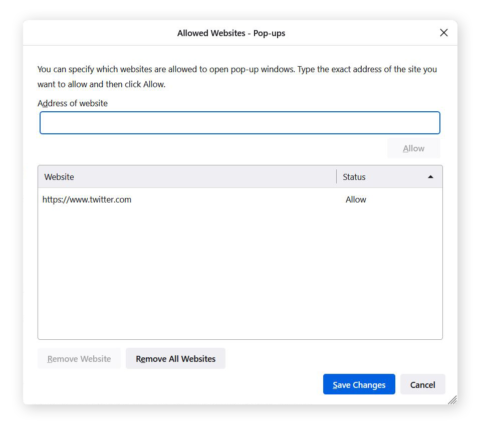 Screenshot of the Exceptions dialog box for Allowed pop-ups