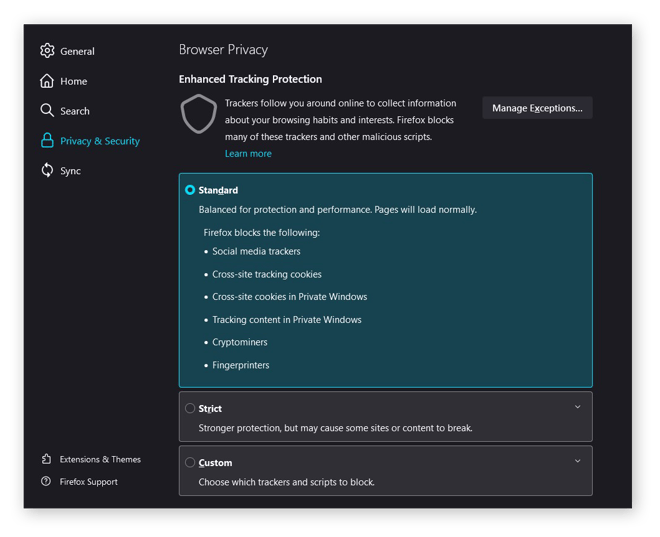 The Enhanced Tracking Protection settings in Mozilla Firefox for Windows 10