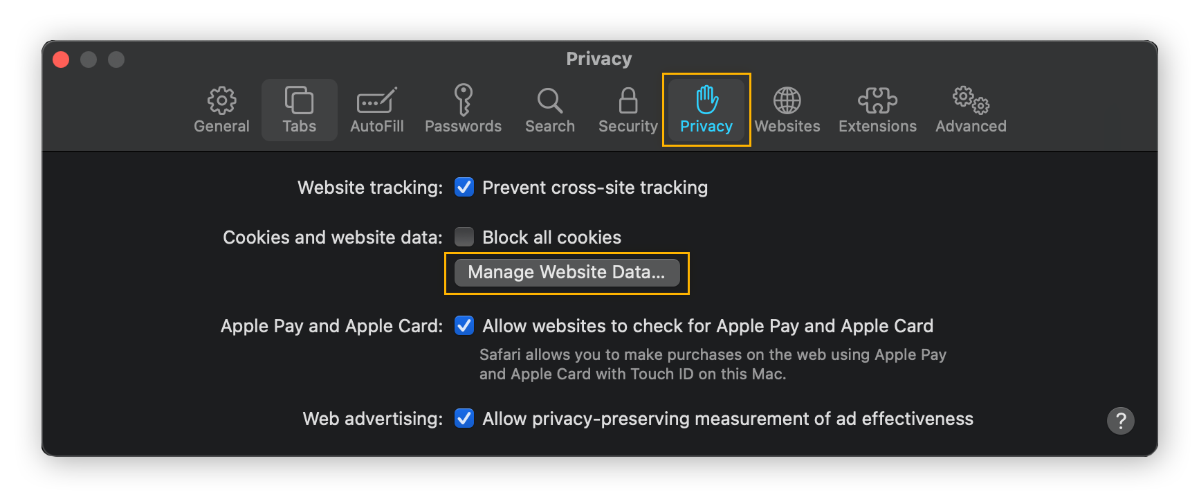 The Privacy settings in Safari for macOS