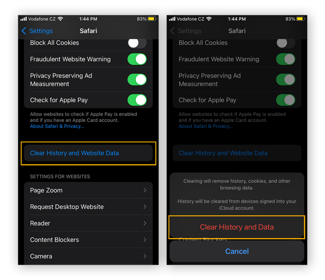 Cancellazione della cronologia e dei dati di navigazione in Safari per iOS