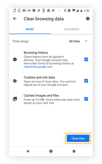 Limpando dados de navegação, incluindo cookies e cache, no Google Chrome para Android