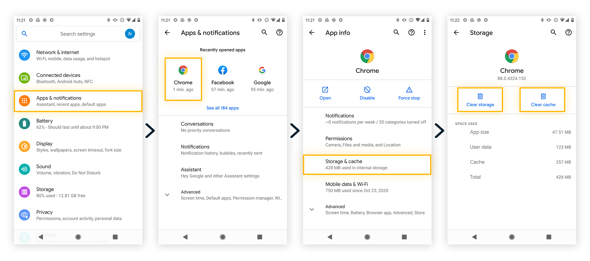 Suppression du stockage Google Chrome pour éliminer les malwares Android.