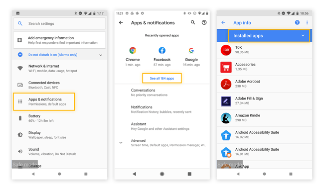 Passaggio dalle impostazioni alle app installate per cercare eventuali app false in Android 11.