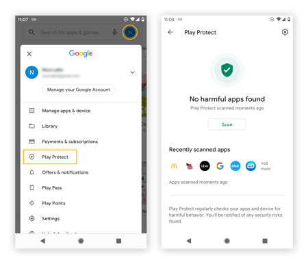 Ativando o Google Play Protect para verificar se há aplicativos maliciosos.