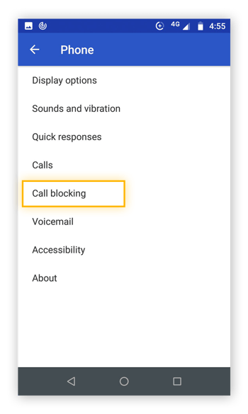Página de menu de configurações do telefone com bloqueio de chamadas destacado.