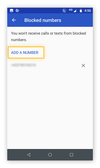 Blocked numbers page within the option to block a new number highlighted. Previously blocked numbers would be displayed here.