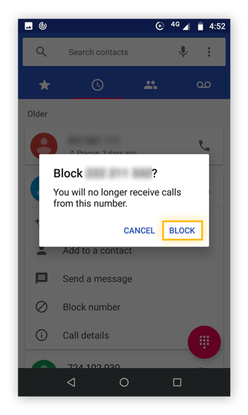 Finestra popup sul telefono che chiede all'utente di confermare il blocco del numero specificato con pulsante "Blocca" evidenziato.