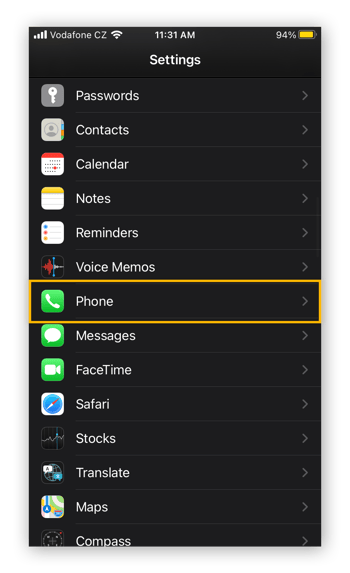 Opening the Phone settings in the Settings app for iOS