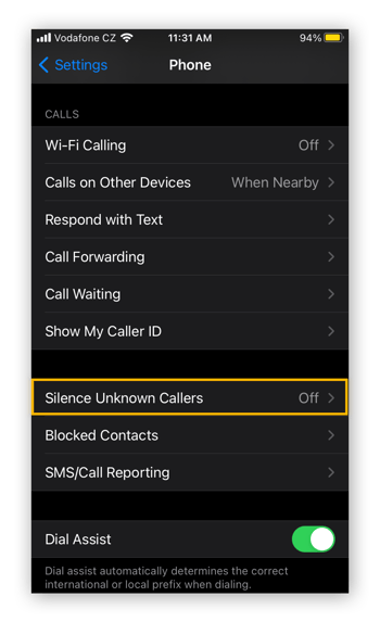 Opciones del Teléfono en la aplicación de Ajustes de iOS