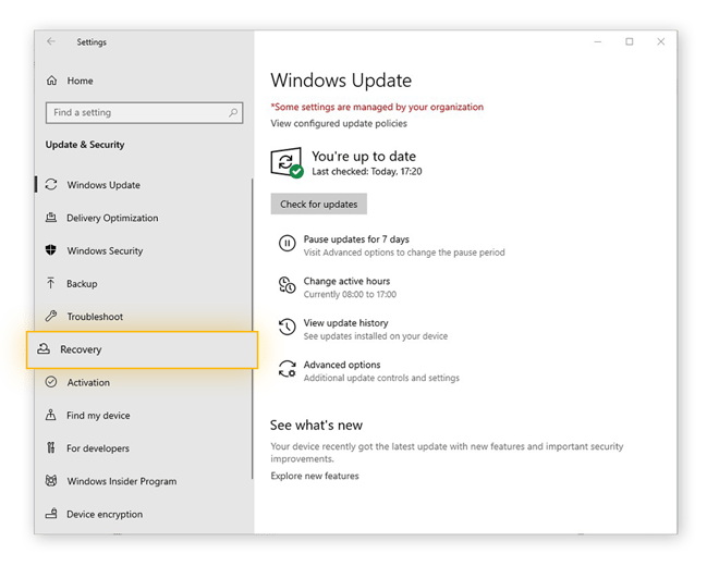 The Update & Security menu in Windows 10