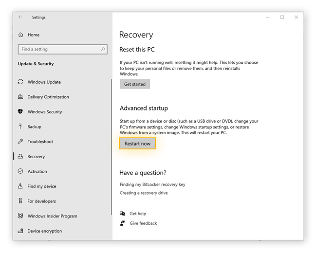 The Recovery options under the Update & Security menu in Windows 10