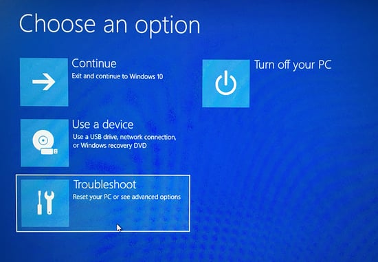 The advanced startup options in Windows 10