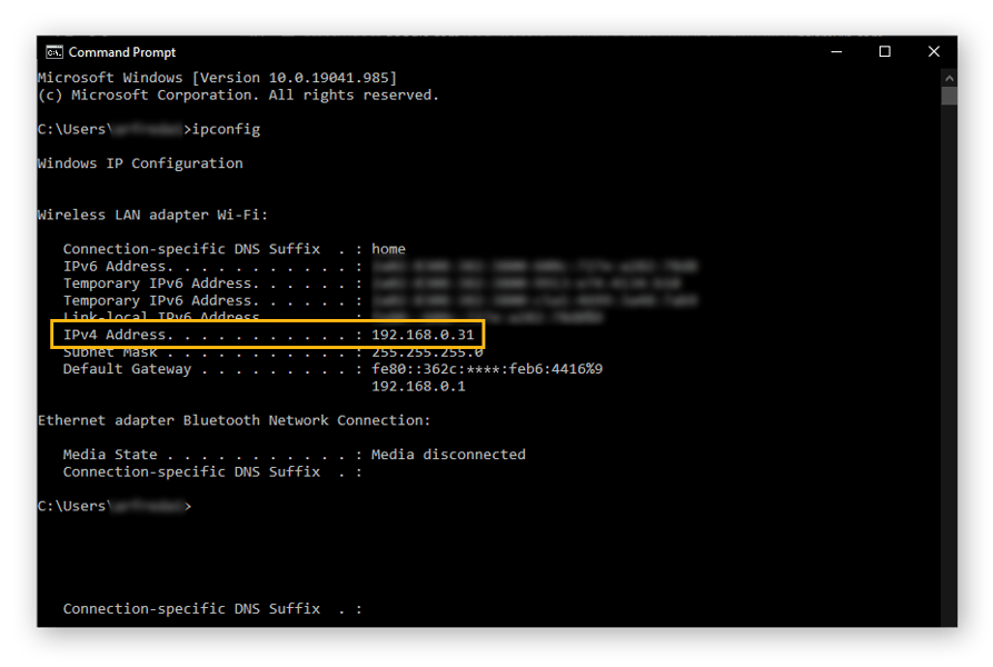 Command prompt showing the information displayed when "ipconfig" is input, with IPv4 address circled
