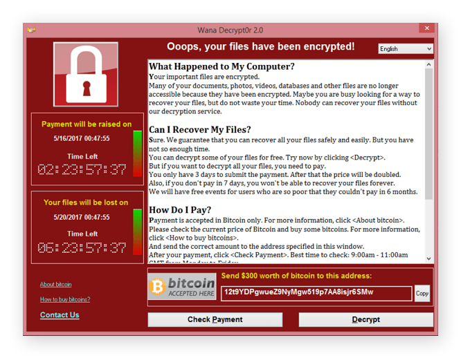 Screenshot of the Wana decryptor ransomware note on an infected computer.